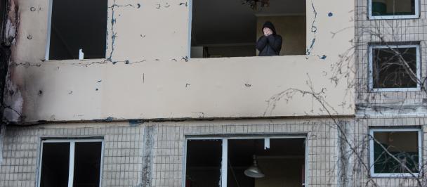 A building damaged by shelling in Ukraine