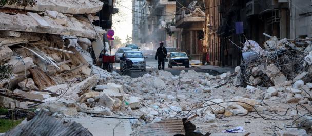 Rubble blocking a street in Aleppo and hindering people's access to areas as a result of the earthquake that hit Türkiye and Syria on 06 February 2023.