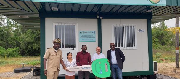 Ceremonial hand over of the field office at Burnside, Coronie. From left to right: District Commissioner of Coronie Mr. M. Winter, Coordinator Nature Conservation Mrs. C. Sakimin, Deputy Director Forest Management, R. Cairo, Head of Cooperation at EU Delegation to Guyana, Surinam and Caribbean, Mr. J. Nadal Sastre and UNDP Programme Specialist Environment Mr. B. Drakenstein