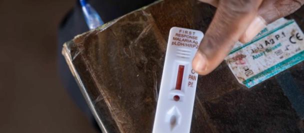 A hand points at results shown on a malaria test.