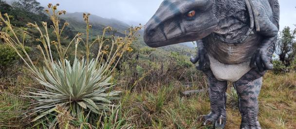 Dinosaur looks at spiky plant