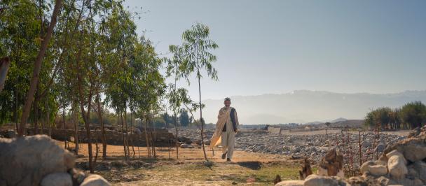 A man walking across a landscape with mountains in the distance
