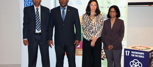 Dr. P. Sookar, Assistant Director, Agricultural Services and officer-in Charge; Mr Jean-Lindsay Azie, UNDP Environment Unit Team Leader; Her Excellency Ms. Lisa Singh, United Nations Resident Coordinator for Mauritius and Seychelles, an Mrs. M. Seenavassen Pillay, acting Chief Executive Officer of FAREI 
