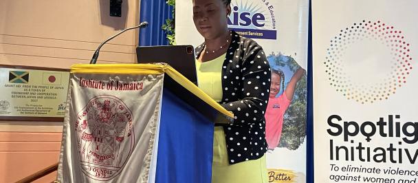 Domestic Violence survivors being addressed by UNDP Officer In Charge, Ava Whyte Anderson