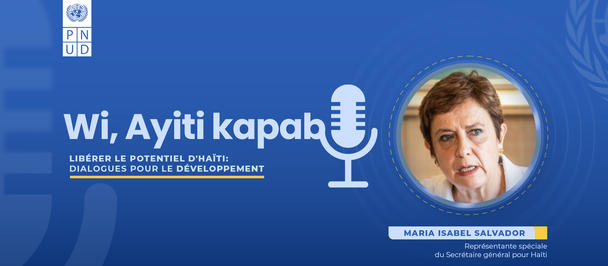 A woman speaking into a microphone with a blue background and text promoting a dialogue.