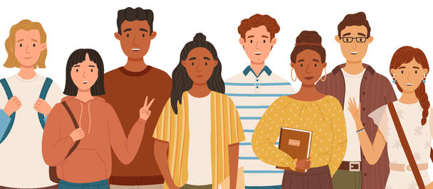 A diverse group of eight young people stands together, smiling and posing, in casual attire.