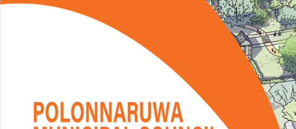 Cover of the Polonnaruwa Municipal Council's development plan, featuring an orange design and illustrations.