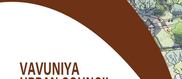 Cover page of a development plan titled "Vavuniya Urban Council" with urban illustrations.