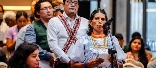 People in colorful traditional clothing near a standing microphone at an indoor cultural event.