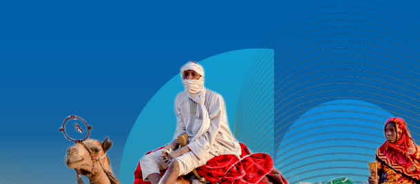 Poster on climate, rights, and safety of migrants and workers; desert scene with camels.