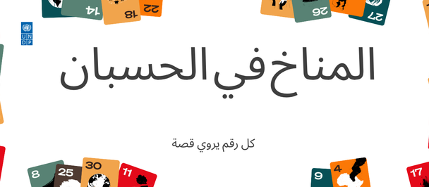 Arabic title 'المناخ في الحسبان' with a colorful border of icons.