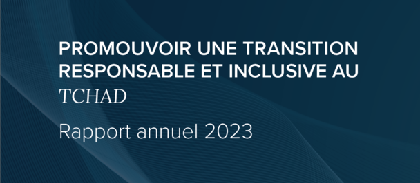 Annual report cover with blue abstract background; promotes inclusive transition in Chad, 2023.