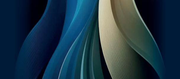 Abstract blue and beige ribbon design on dark background; top-right QR code, Impact Report 2024.