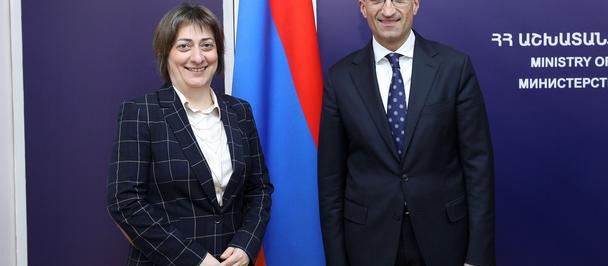 Two formally dressed individuals stand before a purple backdrop with the Armenian flag.