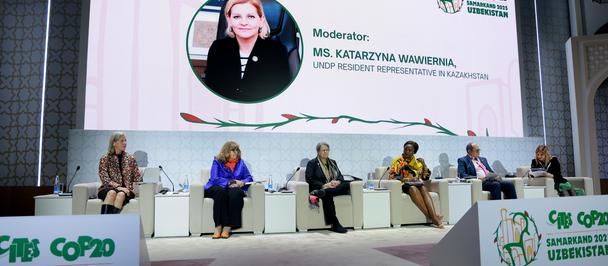 Conference stage with five panelists and a large display screen behind them.