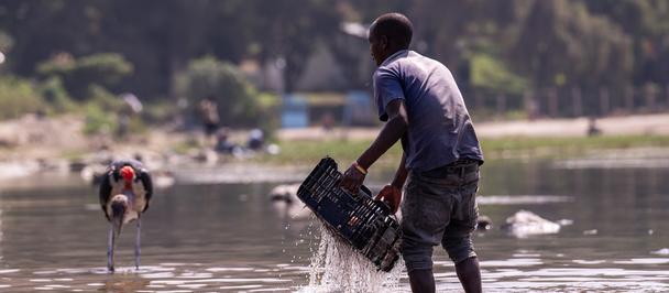 Photo: Man wades in a shallow river with a basket; distant figure in the background.