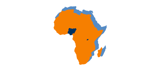 Stylized orange Africa silhouette with a blue abstract border.