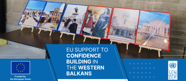 Banner with EU logo promotes confidence building in the Western Balkans; photos above.
