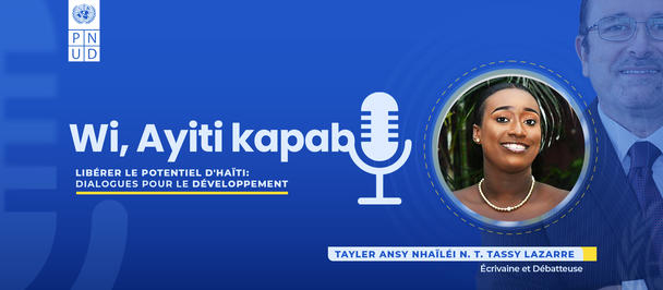 Blue promotional banner with microphone icon and 'Wi, Ayiti kapab' text; circular photo area on the right.