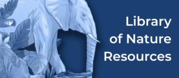 Blue graphic featuring a white nature illustration on the left and Library of Nature Resources text.
