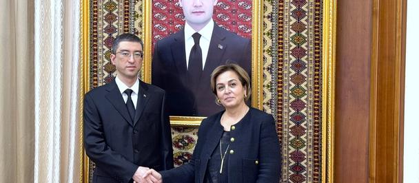 Two formally dressed people shake hands in front of a large ornate framed portrait.