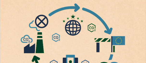 Cover page with circular infographic of emissions mechanism: factories, globe, gears, arrows.