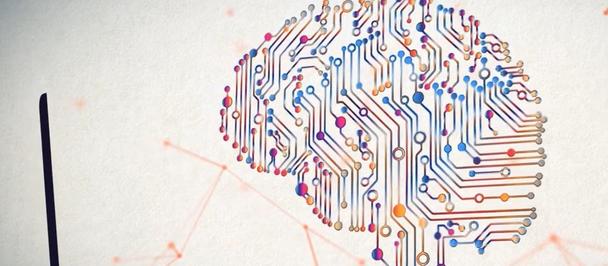 Graphic illustration of a brain with circuits beside a laptop