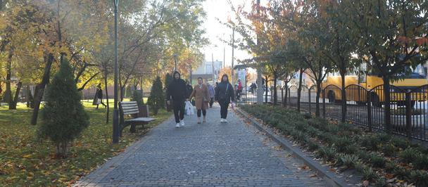 Autumn cobblestone path in a park with people walking away, flanked by trees and lampposts.