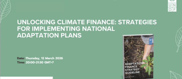 Green banner: Unlocking Climate Finance—Strategies for Implementing National Adaptation Plans.