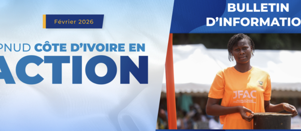 UNDP Côte d'Ivoire banner reading EN ACTION; man in orange shirt on the right.
