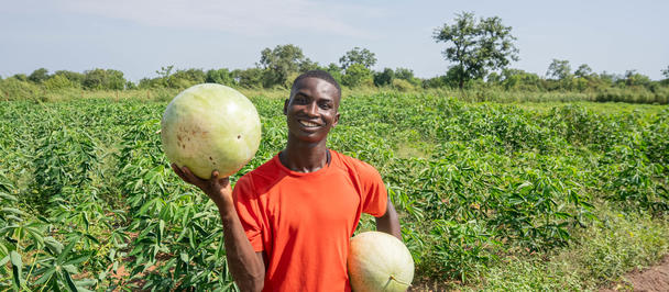 Smiling farmer in an orange shirt holds two large round melons in a field.