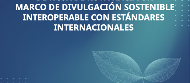 Blue report cover with stylized hand and sprouting leaf; Spanish title on sustainable disclosures.