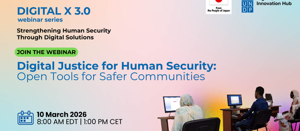 Webinar banner: Digital Justice for Human Security; people at laptops, gradient background.