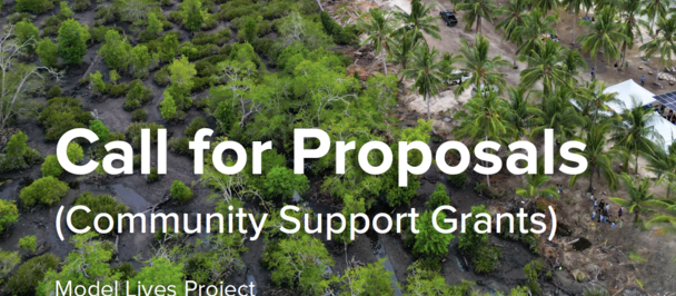 Graphic: Call for Proposals (Community Support Grants) over a rocky, forested hillside.