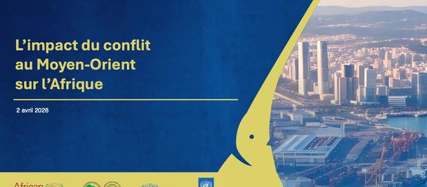 Poster with blue left panel and yellow diagonal motif, French title on Africa conflict impact; skyline and logos.