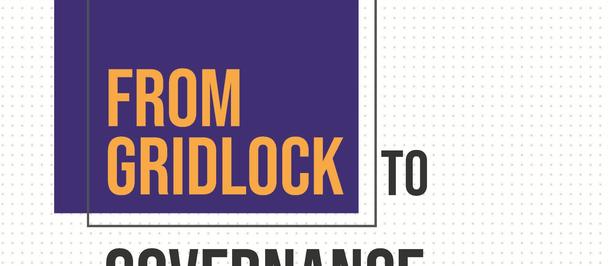 Book cover design with a purple left panel and the title From Gridlock to Governance Renewal.
