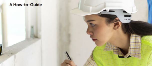 UK Government guide cover showing a construction worker in a hard hat and hi-vis vest.