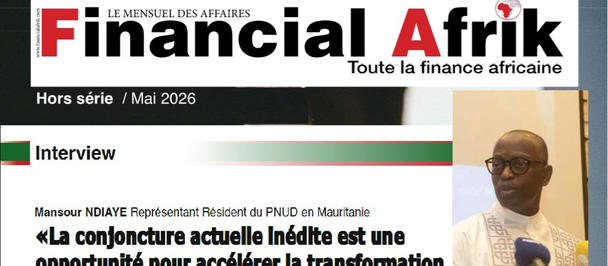 Financial Afrik magazine cover with a man at top right and a French economic sovereignty headline.