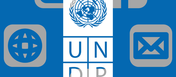 Blue background with gray social icons around a vertical UNDP tile strip and UN emblem.