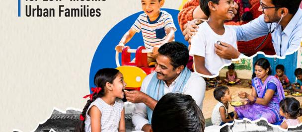 Cover page with children; torn-cityscape background; barriers and opportunities in childcare.