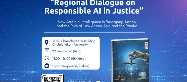 Poster for Regional Dialogue on Responsible AI in Justice; blue gradient, smartphone, QR code.