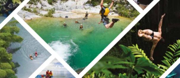 Collage of tropical landscapes and people with a Spanish title about biodiversity conservation.