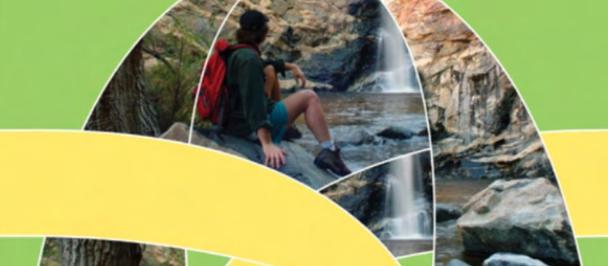 Green brochure cover for Turismo Alternativo featuring a circular waterfall photo and yellow arc.