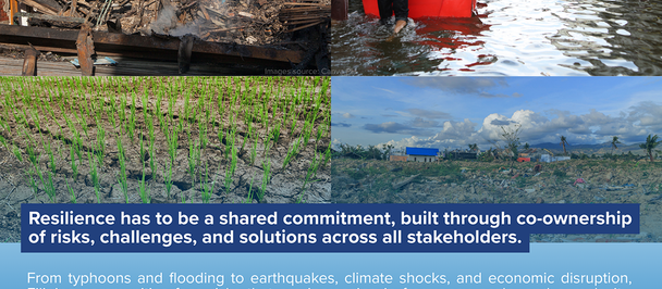Resilience banner; burnt land left, right flooded water with a boat; Australian Aid SHIELD logos