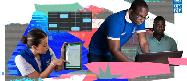 Collage of people using tablets and laptops in a colorful geometric background.