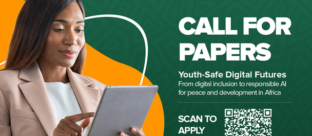 Woman in blazer holding a tablet beside a Call for Papers poster with a QR code and deadline.