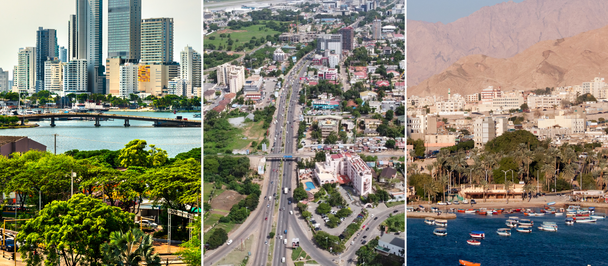 Three-photo collage: city skyline, busy urban street, and rocky coast with boats and mountains.