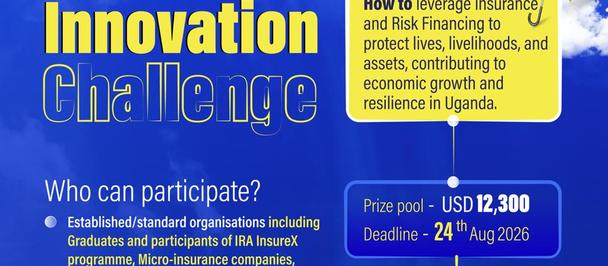 Uganda Insurance Innovation Challenge poster with logos and a hard hat on blue-yellow background.