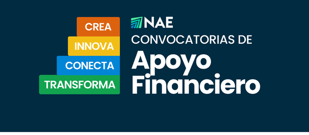 Dark blue banner with colorful CREA INNOVA CONECTA TRANSFORMA blocks and NAE Apoyo Financiero