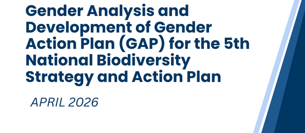 Cover page with blue geometric design, two logos, title: Gender Action Plan for Biodiversity, 2026